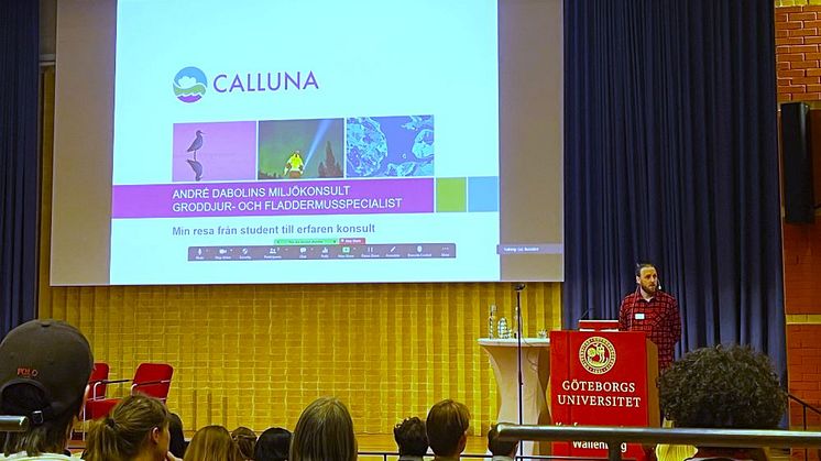 Miljökonsult André Dabolins från Calluna medverkade vid Göteborgs universitets arbetsmarknadsdag 19 april 2023.