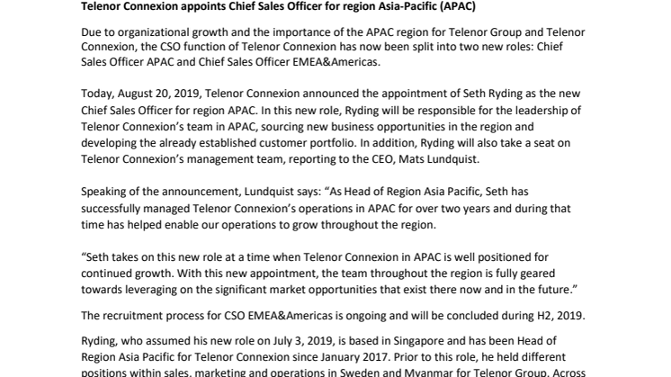 Telenor Connexion appoints Chief Sales Officer for region Asia-Pacific (APAC)