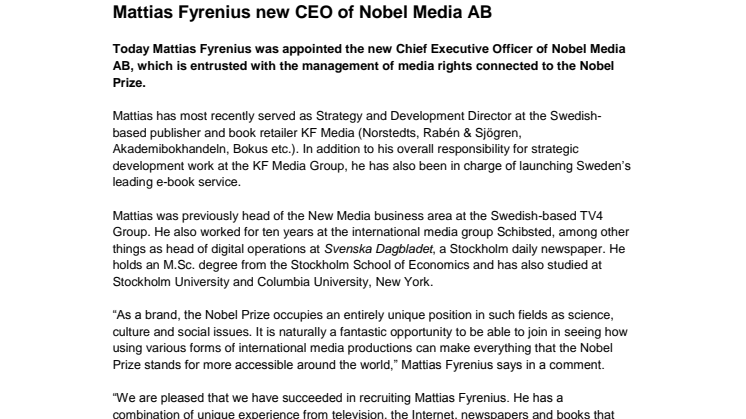 Mattias Fyrenius new CEO of Nobel Media AB 
