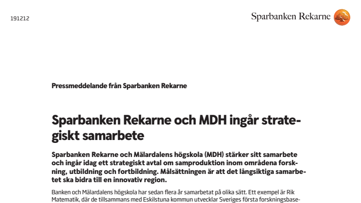 Sparbanken Rekarne och MDH ingår strategiskt samarbete