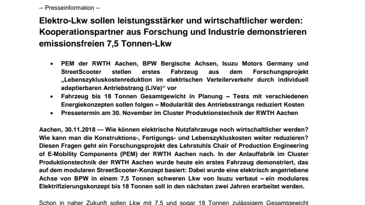 Pressemitteilung PEM der RWTH Aachen: "Elektro-Lkw sollen leistungsstärker und wirtschaftlicher werden: Kooperationspartner aus Forschung und Industrie demonstrieren emissionsfreien 7,5 Tonnen-Lkw"