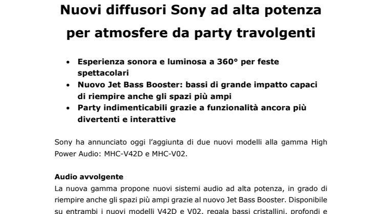 Nuovi diffusori Sony ad alta potenza per atmosfere da party travolgenti