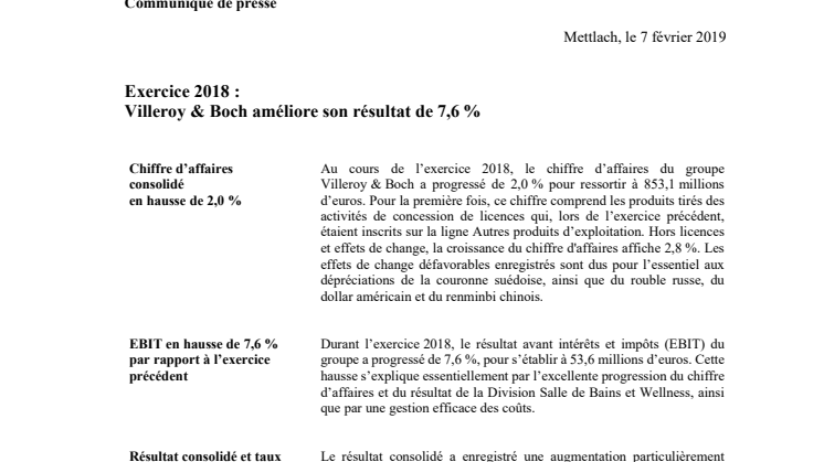 Exercice 2018 : Villeroy & Boch améliore son résultat de 7,6 %