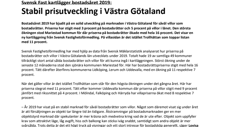 Svensk Fast kartlägger bostadsåret 2019: Stabil prisutveckling i Västra Götaland