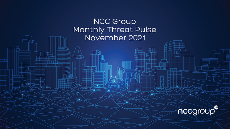 NCC Group Monthly Threat Pulse November 2021. Illustrated wireframe cityscape in futuristic style. Royalty-free stock vector ID: 1335323081.
