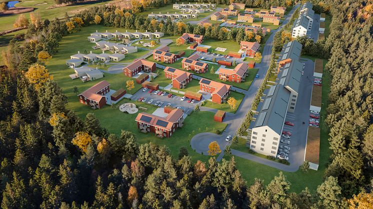 Visionsbild över hur det nya bostadsområdet i närheten av Mariestads golfbana kan se ut.                     Illustration: PE Teknik & Arkitektur