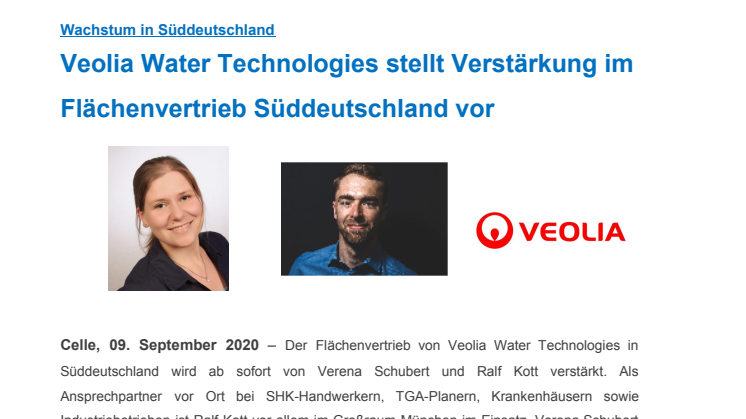Veolia Water Technologies stellt Verstärkung im Flächenvertrieb Süddeutschland vor