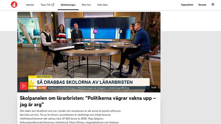Maja Sjögren, förbundsordförande Elevernas riksförbund, i Nyhetsmorgons skolpanel. 