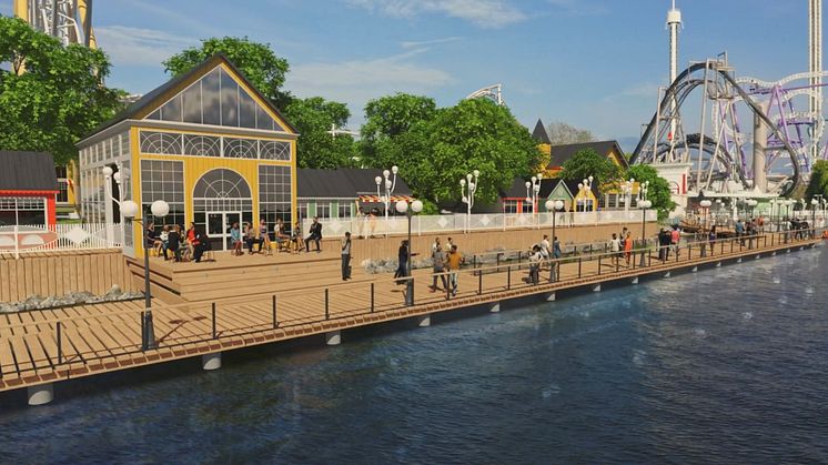 Illustration av den nya allmänna strandpromenaden utanför Gröna Lunds framtida utbyggnad