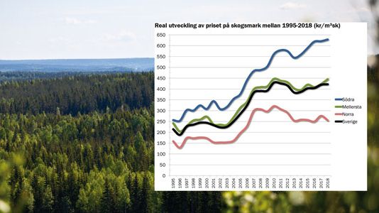 Stigande pris på skogsmark i södra- och mellersta Sverige, men tillbakagång i norr