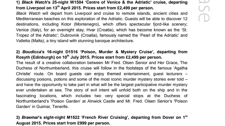 Fred. Olsen Cruise Lines names ‘Top 5’ ex-UK European cruises for 2015