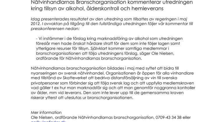 Nätvinhandlarnas Branschorganisation kommenterar utredningen kring tillsyn av alkohol, ålderskontroll och hemleverans