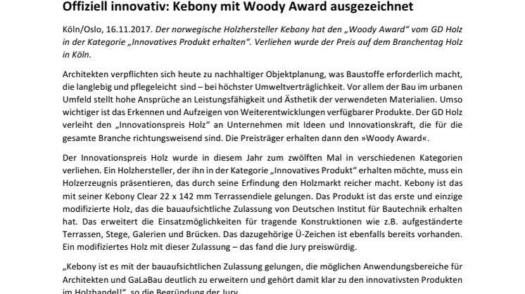 Offiziell innovativ: Kebony mit Woody Award vom GD Holz ausgezeichnet