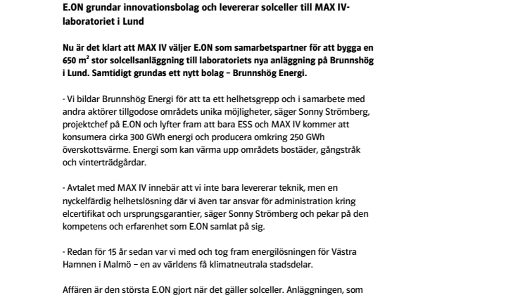 E.ON grundar innovationsbolag och levererar solceller till MAX IV-laboratoriet i Lund