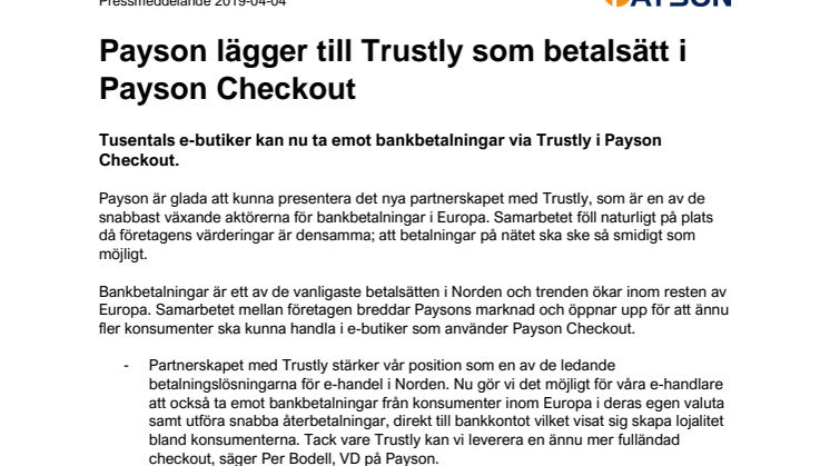 Payson lägger till Trustly som betalsätt i Payson Checkout