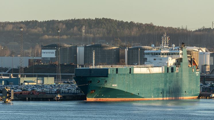 Fartyget M/V Minchah premiäranlöpte Göteborgs hamn under måndagen. Bild: Göteborgs Hamn AB.