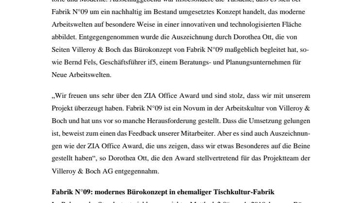 Fabrik N°09 überzeugt Jury – Villeroy & Boch mit ZIA Office Award ausgezeichnet