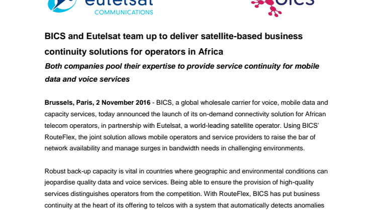 BICS and Eutelsat team up to deliver satellite-based business continuity solutions for operators in Africa 