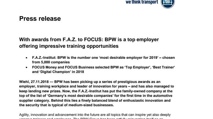 With awards from F.A.Z. to FOCUS: BPW is a top employer offering impressive training opportunities