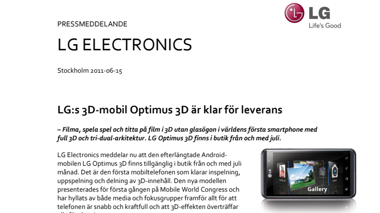 LG:s 3D-mobil Optimus 3D är klar för leverans 