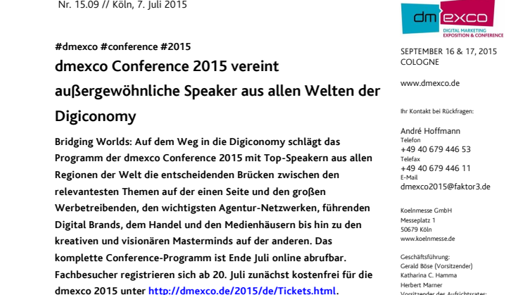 dmexco Conference 2015 vereint außergewöhnliche Speaker aus allen Welten der Digiconomy