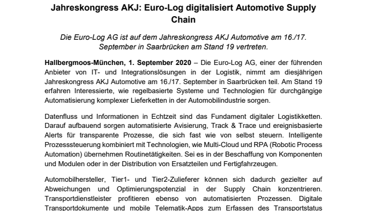 Jahreskongress AKJ: Euro-Log digitalisiert Automotive Supply Chain