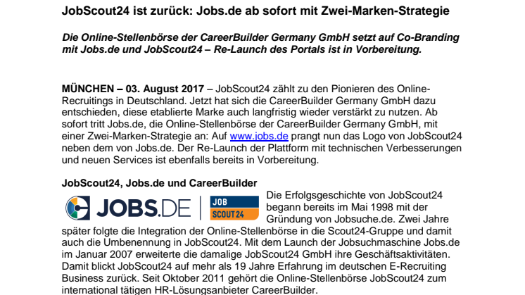 JobScout24 ist zurück: Jobs.de ab sofort mit Zwei-Marken-Strategie