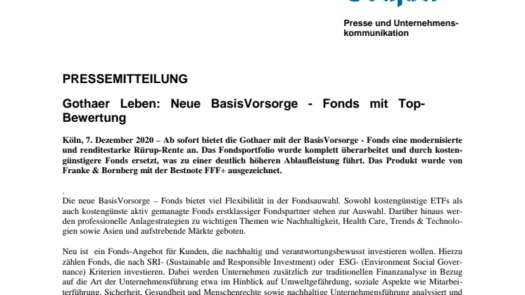 Gothaer Leben: Neue BasisVorsorge - Fonds mit Top-Bewertung 