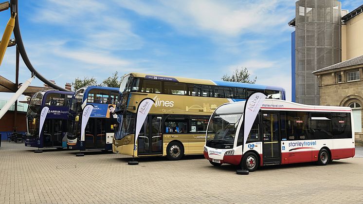 Buses from Arriva, Stagecoach, Go North East and Stanley Travel at the launch of NEbus