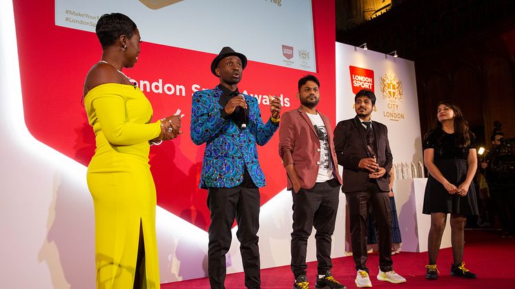 Seun Oshinaike of Street Tag accepts The Tech and Digital Award at the London Sport Awards 2021