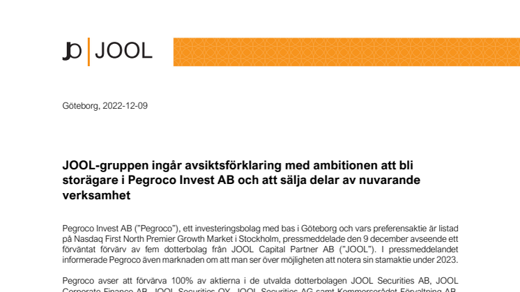 JOOL-gruppen ingår avsiktsförklaring med ambitionen att bli storägare i Pegroco Invest AB .pdf