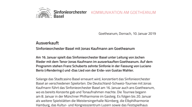 Ausverkauft. ​Sinfonieorchester Basel mit Jonas Kaufmann am Goetheanum