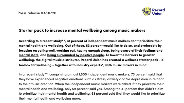 Starter pack to increase mental wellbeing among music makers 