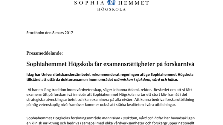Sophiahemmet Högskola får examensrättigheter på forskarnivå