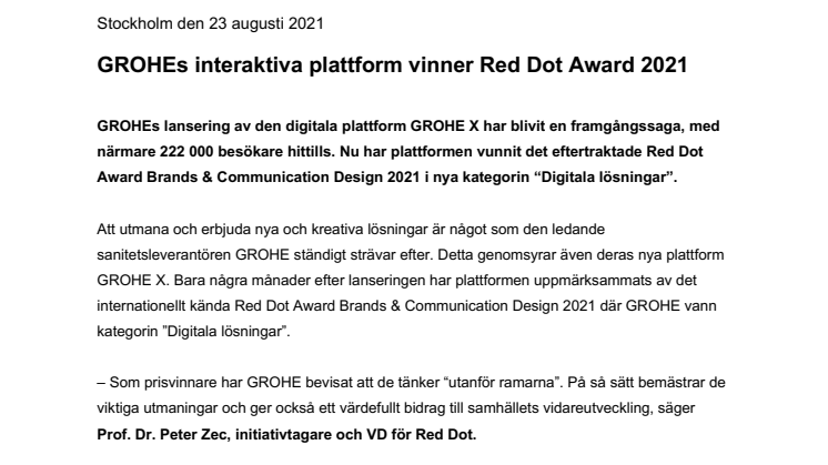GROHEs interaktiva plattform vinner Red Dot Award 2021