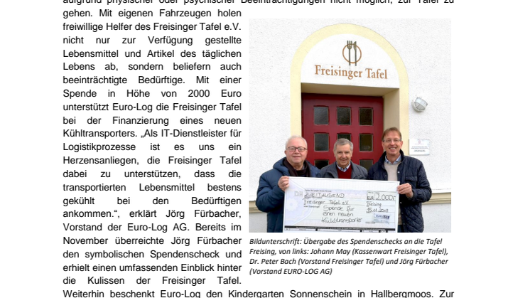 Euro-Log spendet an Freisinger Tafel und Kindergarten Sonnenschein Hallbergmoos