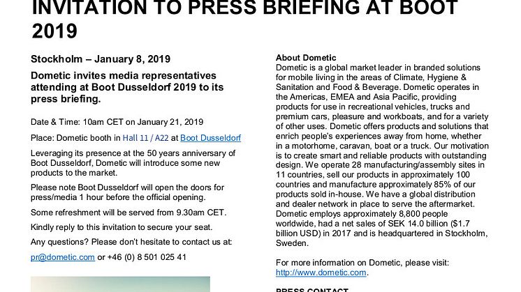 Dometic: Invitation to Dometic Press Briefing at boot Düsseldorf 2019 (Hall 11, Stand A22)