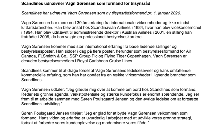 Scandlines udnævner Vagn Sørensen som formand for tilsynsråd
