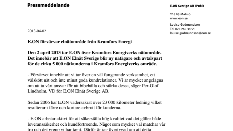 E.ON förvärvar elnätområde från Kramfors Energi