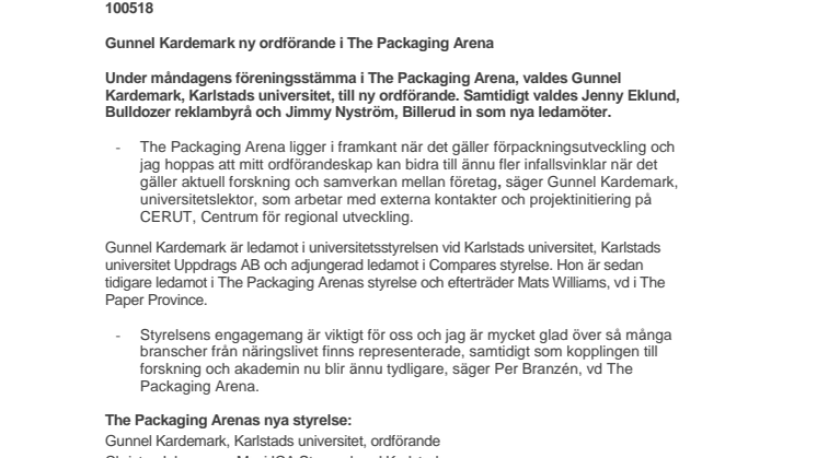 Gunnel Kardemark ny ordförande i The Packaging Arena