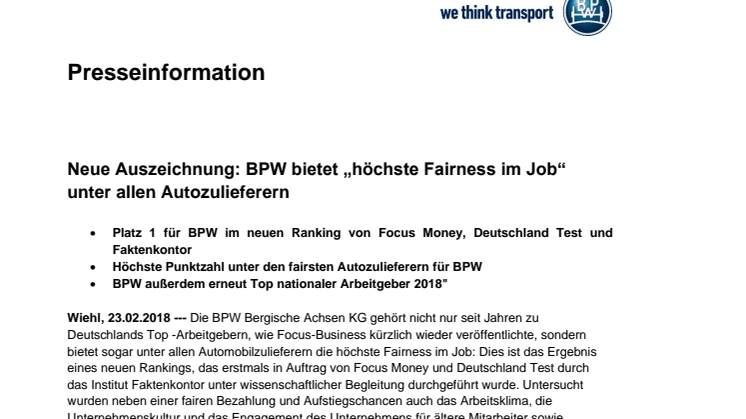 Neue Auszeichnung: BPW bietet „höchste Fairness im Job“ unter allen Autozulieferern