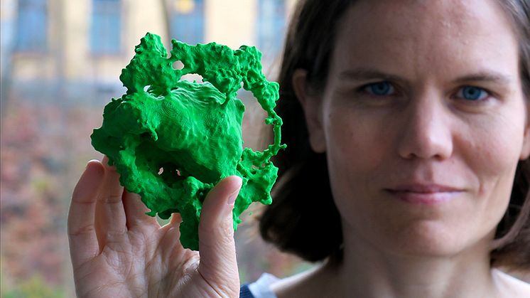 Associate Professor Josefin Larsson displays a green 3D printout of the supernova, of which unprecedented details have been published in 3D.