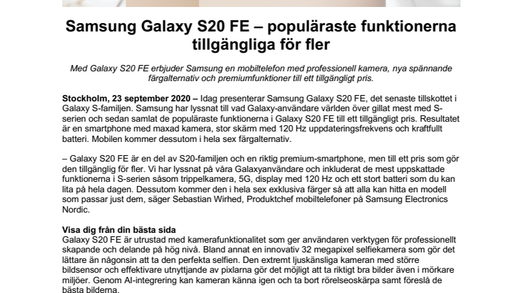 Samsung Galaxy S20 FE – populäraste funktionerna tillgängliga för fler
