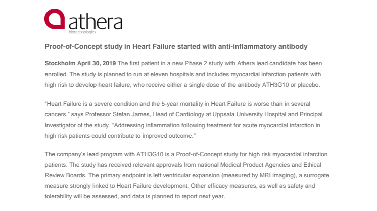 Proof-of-Concept study in Heart Failure started with anti-inflammatory antibody