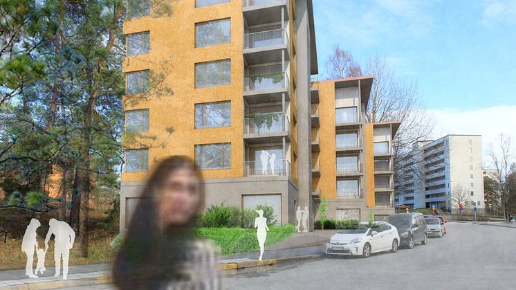 Skiss över kommande byggnation på Melongatan, Hässelby. Bild: Bergkrantz Arkitektur