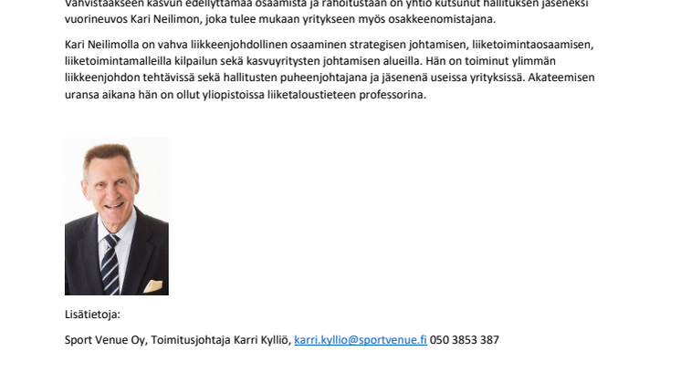 Data-analytiikkayhtiö Sport Venue Oy vahvistaa kasvuosaamistaan - vuorineuvos Kari Neilimo hallituksen jäseneksi ja omistajaksi