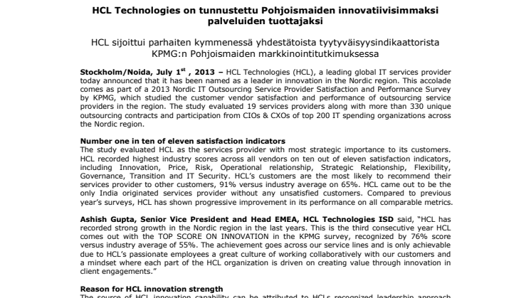 HCL Technologies on tunnustettu Pohjoismaiden innovatiivisimmaksi palveluiden tuottajaksi