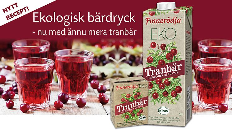 Finnerödja ekologisk och KRAV-märkt tranbärsdryck har fått uppdaterat recept som innehåller hela 22 procent tranbär.