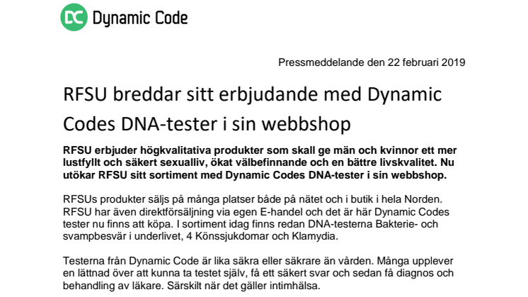 RFSU breddar sitt erbjudande med Dynamic Codes DNA-tester i sin webbshop