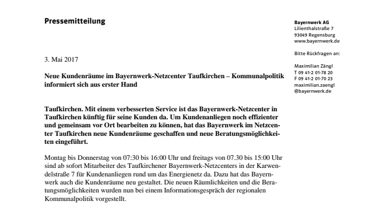 Neue Kundenräume im Bayernwerk-Netzcenter Taufkirchen